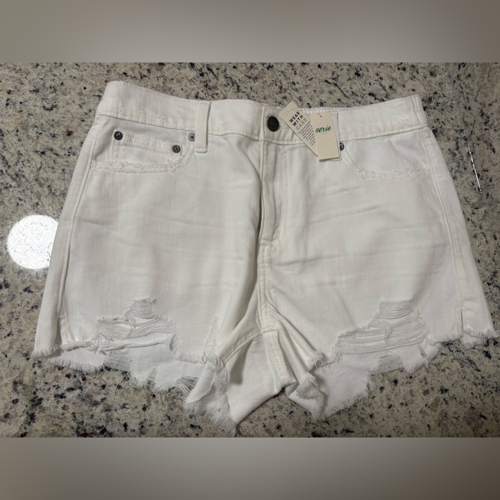 Aerie White Jean Shorts Distressed Denim Mid-Thigh